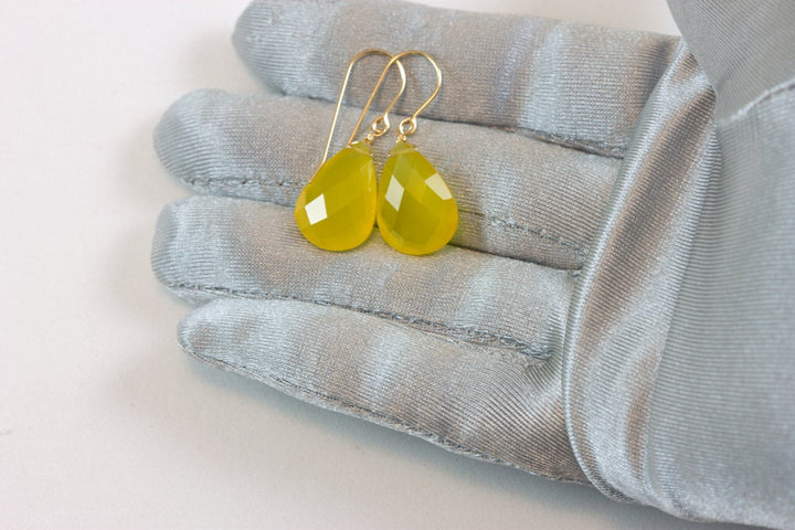 Yellow Chalcedony Earrings Teardrop Large Pear Faceted 14k Solid Gold or Filled or Sterling Silver Spyglass Designs cheery bright unique