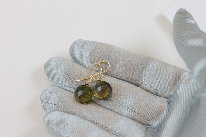 Green Olive Quartz Earrings Heart Briolette Smoky Drops 14k Solid Gold or Yellow or Rose Filled or Sterling Silver Faceted Lightweight