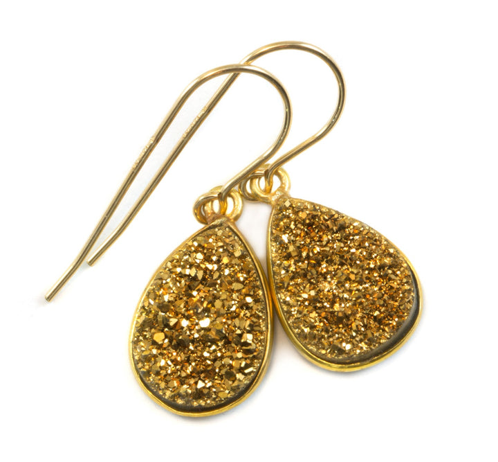 Golden Drusy Earrings Druzy Teardrop Shape 14k solid yellow gold or filled Bezel Set Simple Drops Natural Drusy Quartz Simple Dressy Drops