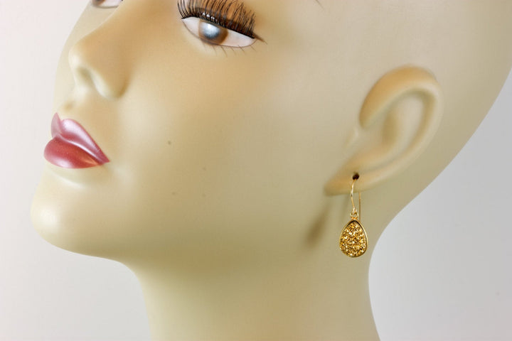 Golden Drusy Earrings Druzy Teardrop Shape 14k solid yellow gold or filled Bezel Set Simple Drops Natural Drusy Quartz Simple Dressy Drops