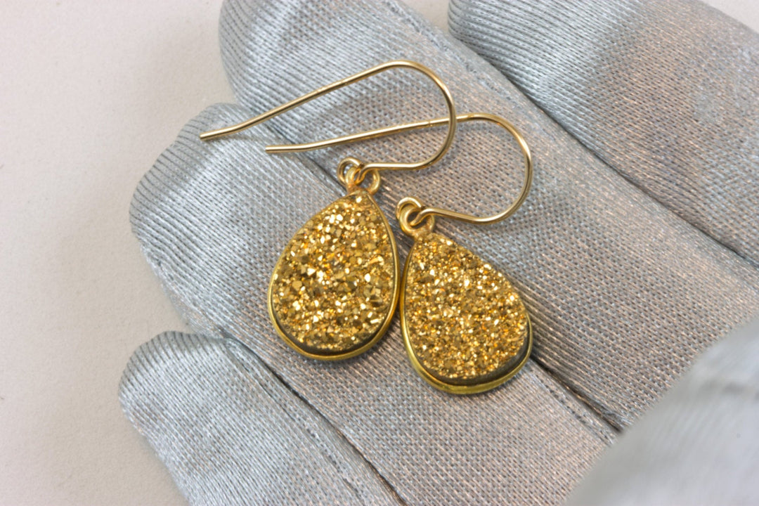 Golden Drusy Earrings Druzy Teardrop Shape 14k solid yellow gold or filled Bezel Set Simple Drops Natural Drusy Quartz Simple Dressy Drops