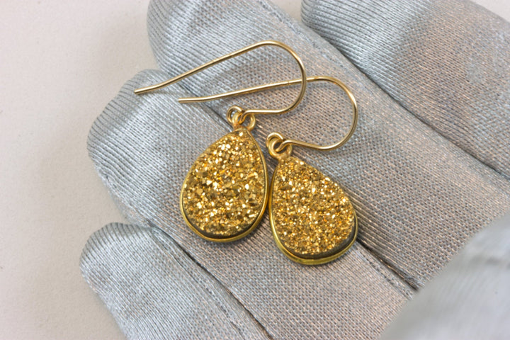 Golden Drusy Earrings Druzy Teardrop Shape 14k solid yellow gold or filled Bezel Set Simple Drops Natural Drusy Quartz Simple Dressy Drops