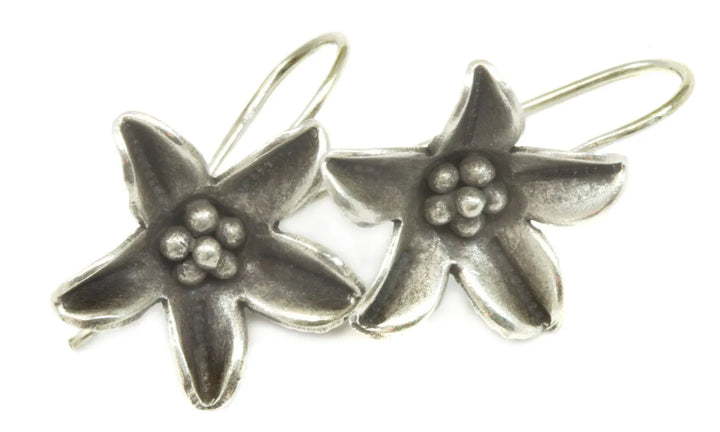 Lotus Flower Earrings Sterling Silver Hill Tribe Silver Oxidized Simple Earthy French Wires Spyglass Designs Handmade Daily Wear - Spyglass Designs