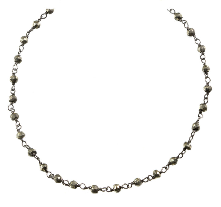 Pyrite Necklace Chain Link Beaded Oxidized Black Silver Plate Faceted  18 19 Inches Natural Bronze Color Iron Pyrite Simple Dainty