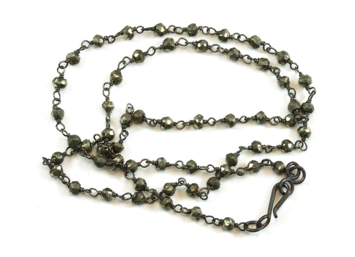 Pyrite Necklace Chain Link Beaded Oxidized Black Silver Plate Faceted  18 19 Inches Natural Bronze Color Iron Pyrite Simple Dainty
