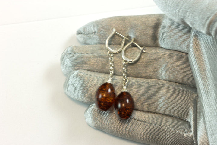 Amber Earrings Sterling Silver Dark Honey Smooth Fat Teardrop Natural Briolettes Dangles Sterling Silver Fancy Leverbacks Latch Back