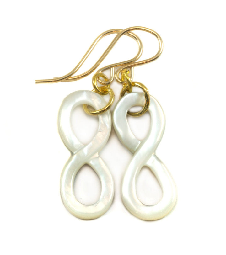 Mother of Pearl Earrings Carved natural Silvery White Infinity Drops Medium Size 14k Gold Filled or Sterling Silver Simple MOP drops