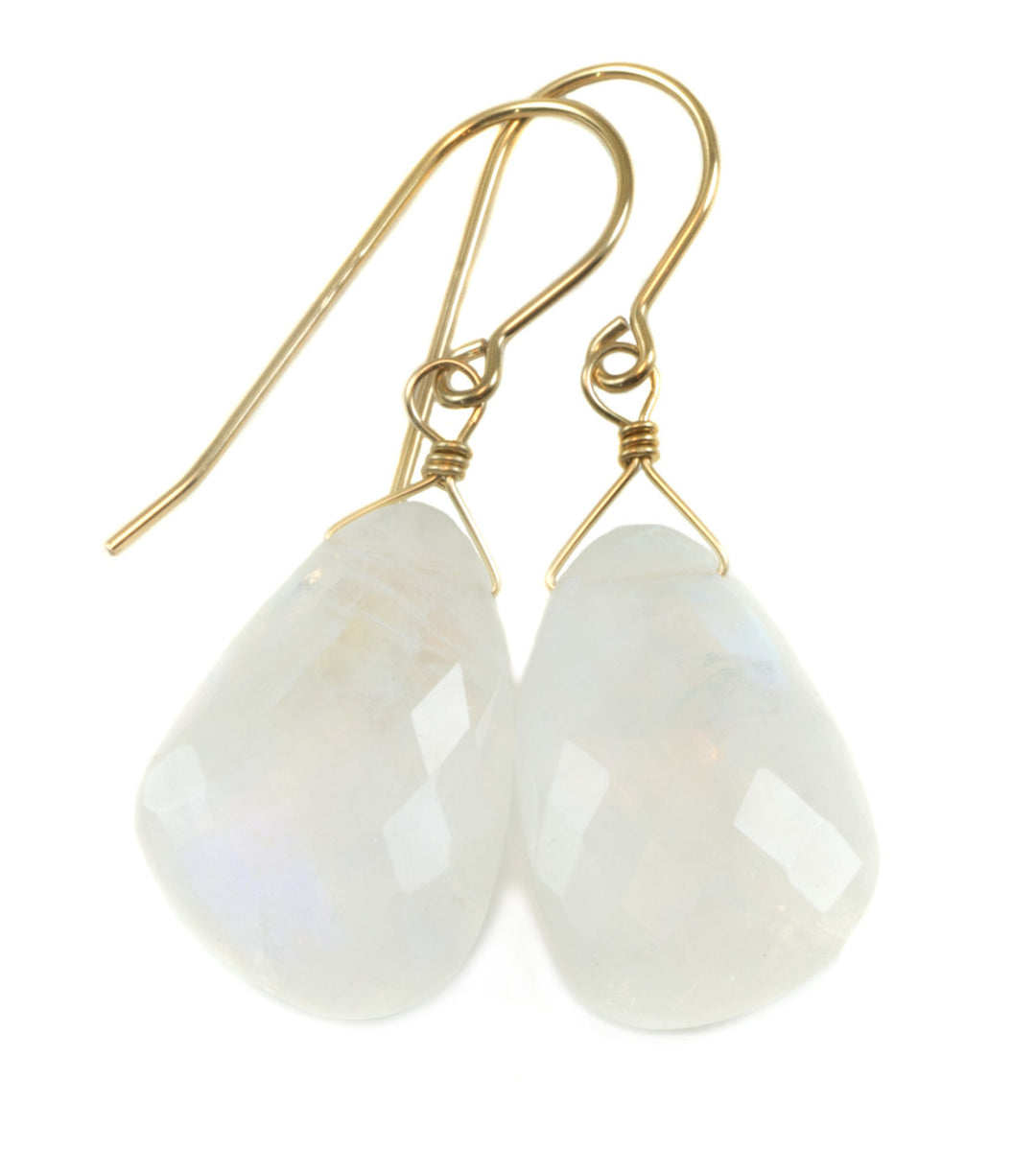 Rainbow Blue Moonstone Earrings 14k Solid Yellow Gold or Filled Faceted Large off round Briolette Teardrop Faceted Drops Spyglass Designs