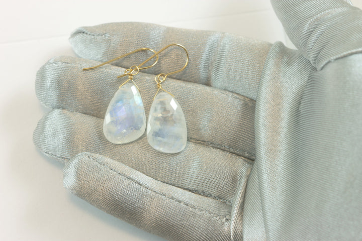 Rainbow Blue Moonstone Earrings 14k Solid Yellow Gold or Filled Faceted Large off round Briolette Teardrop Faceted Drops Spyglass Designs