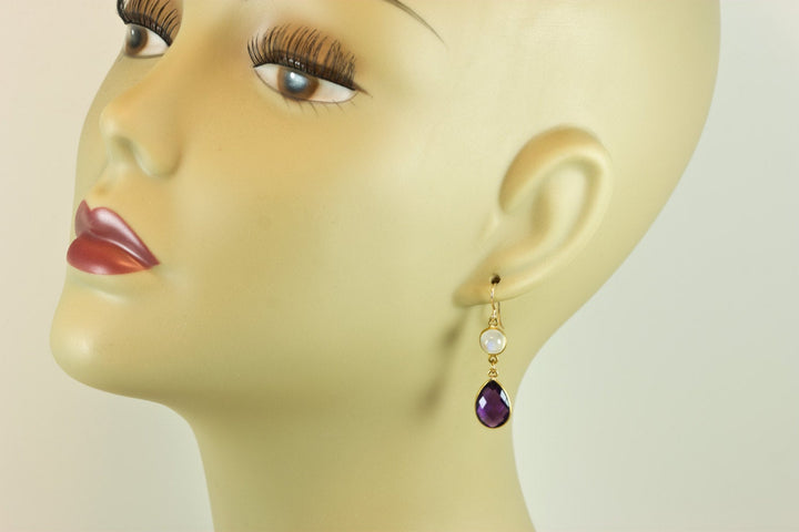 Purple Amethyst Earrings Bezeled Set Double Hung Natural Blue Rainbow Moonstone Smooth Cut 14k Yellow Gold or Filled Long Classic simple
