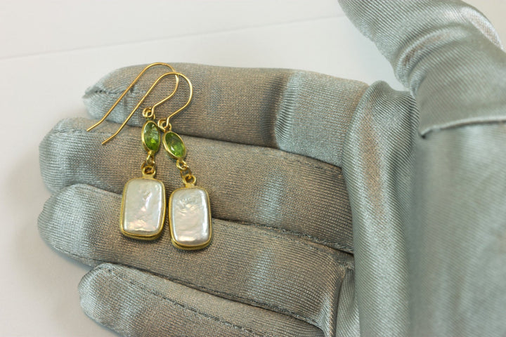 Pearl Earrings 14k  solid gold or filled Rectangular Bezel Green Peridot Double Hung Freshwater Culture Pearls Rectangle Simple  High Luster