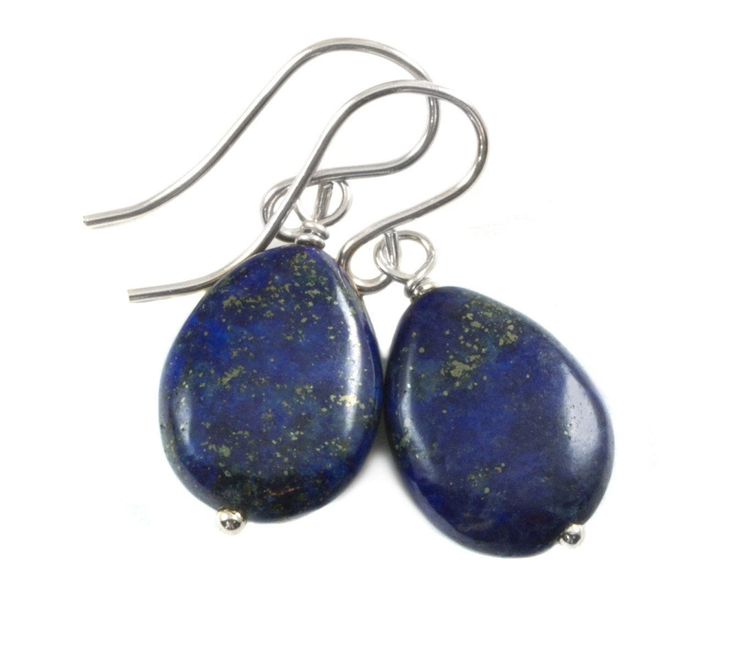 Blue Lapis Lazuli Earrings Natural Dainty Smooth Teardrop Sterling Silver or 14k Solid Gold or Filled Dainty Drops Everyday Wear Pyrite