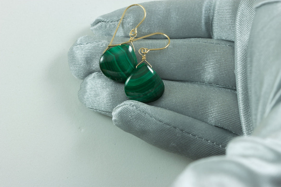 Malachite Earrings Green Heart smooth Natural Dangle Drops Sterling Silver or 14k Solid Yellow Gold or Rose or Yellow Filled simple design