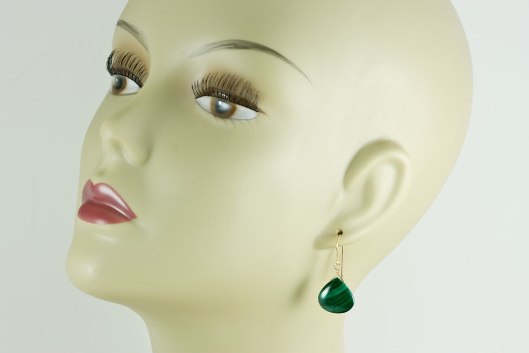 Malachite Earrings Green Heart smooth Natural Dangle Drops Sterling Silver or 14k Solid Yellow Gold or Rose or Yellow Filled simple design