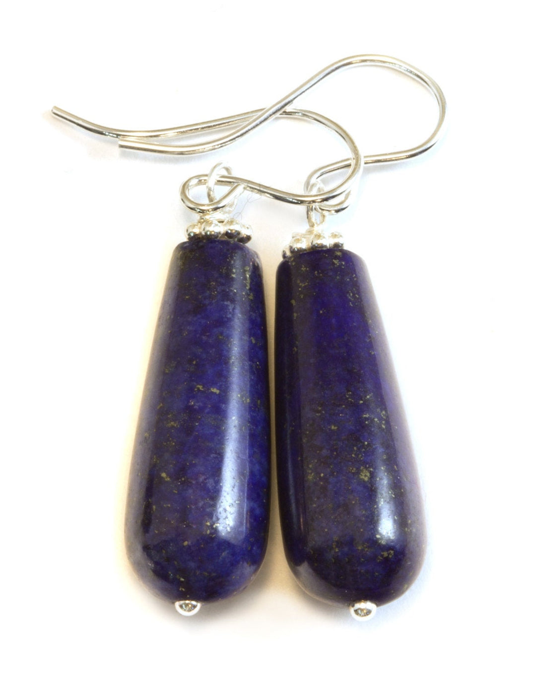 Blue Lapis Lazuli Earrings Long Rounded Drops Natural Sterling Silver or 14k Gold Filled Natural Teardrops Simple Daily Wear Pyrite Flecks