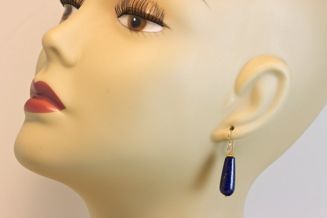 Blue Lapis Lazuli Earrings Long Rounded Drops Natural Sterling Silver or 14k Gold Filled Natural Teardrops Simple Daily Wear Pyrite Flecks