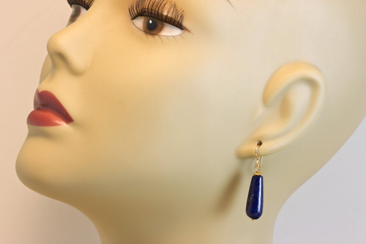 Blue Lapis Lazuli Earrings Long Rounded Drops Natural Sterling Silver or 14k Gold Filled Natural Teardrops Simple Daily Wear Pyrite Flecks