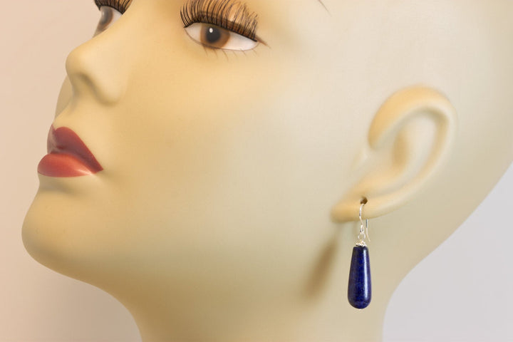 Blue Lapis Lazuli Earrings Long Rounded Drops Natural Sterling Silver or 14k Gold Filled Natural Teardrops Simple Daily Wear Pyrite Flecks