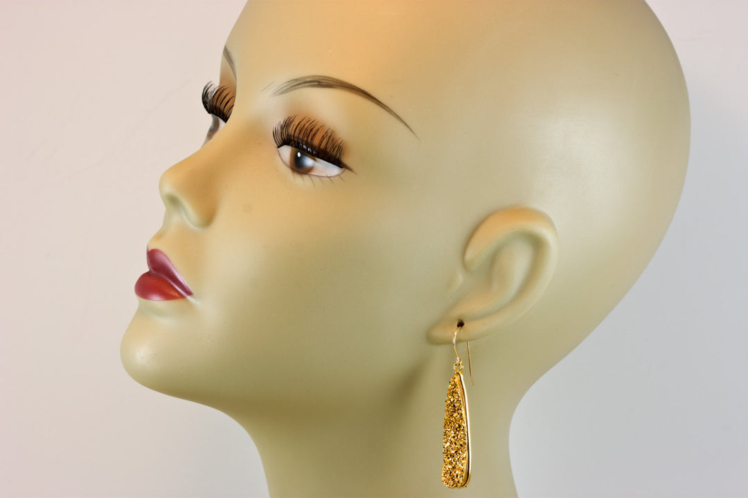 Golden Drusy Earrings Druzy Long Teardrop 14k Solid Gold or Filled Ear Wires Bezel Set Simple Drops Fine Druse Quartz Sparkly Natural 2 Inch