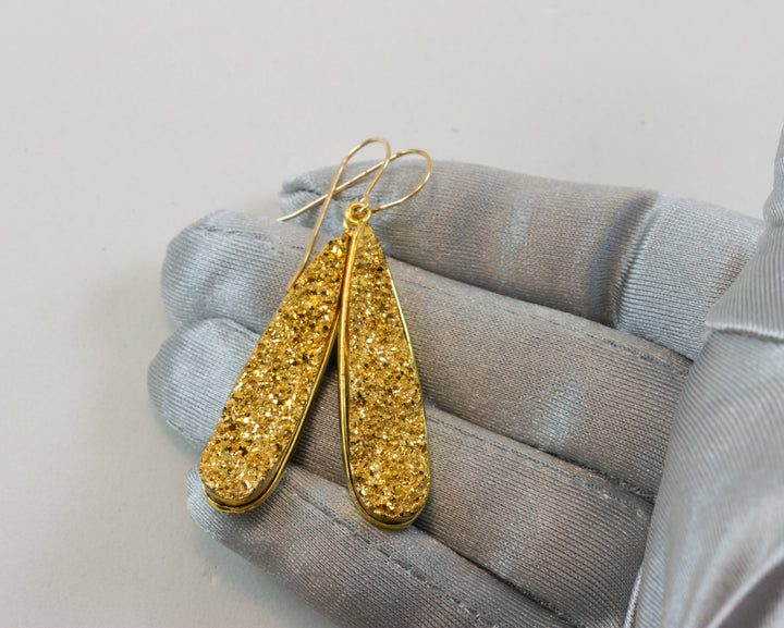 Golden Drusy Earrings Druzy Long Teardrop 14k Solid Gold or Filled Ear Wires Bezel Set Simple Drops Fine Druse Quartz Sparkly Natural 2 Inch