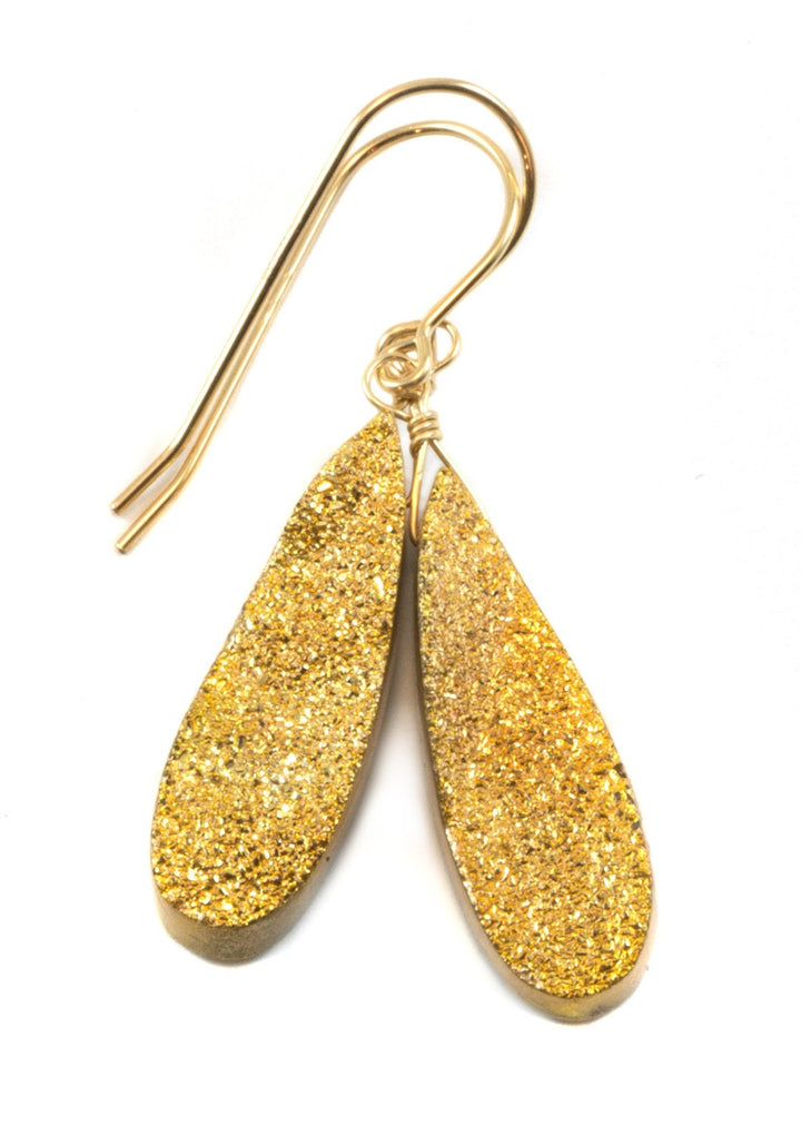 Golden Drusy Earrings Druzy Long Teardrop 14k Solid gold or filled or Sterling Silver Druzy Quartz Simple Drops Druse Classic Dressy Drops