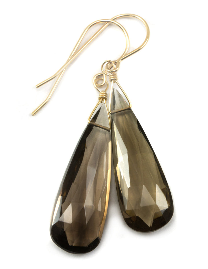Smoky Quartz Earrings Faceted AAA Large Long Briolette Smokey Sterling Silver or 14k solid Gold or Filled Rich Smoky simple drops Spyglass