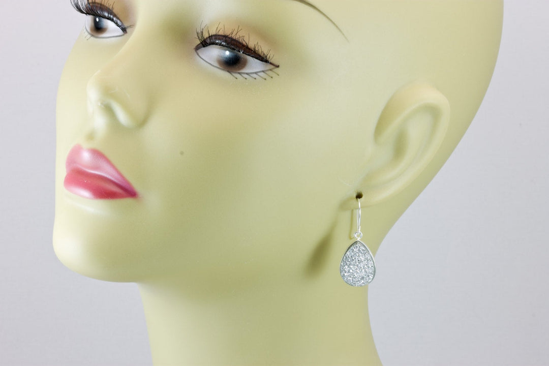 Silvery Drusy Earrings Druzy Teardrop Shape Sterling Silver French Ear Wires Bezel Set Simple Drops sparkley shiney large ovals