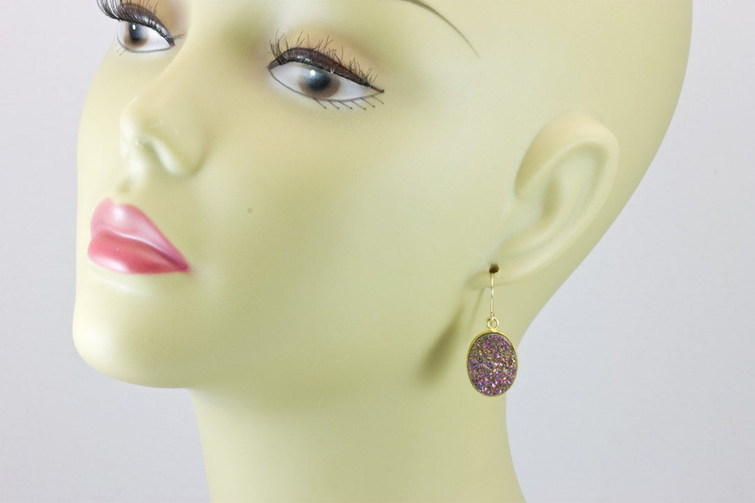 Purple Peacock Drusy Earrings Druzy Teardrop Oval 14k Solid gold or filled or Sterling Silver Bezel Simple Drops Large Druse Spyglass Design