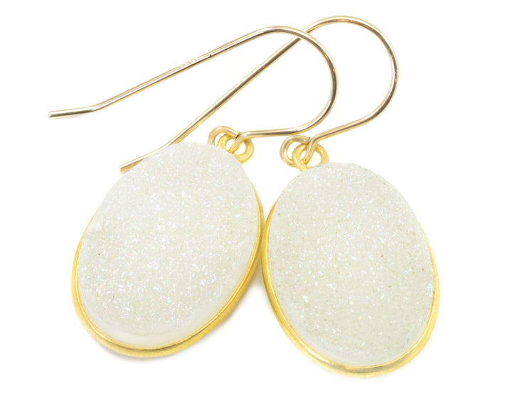 White Drusy Earrings Druzy Teardrop Oval 14k solid gold or filled or sterling silver Large Bezel Simple Drops Fine Drusy Quartz Light