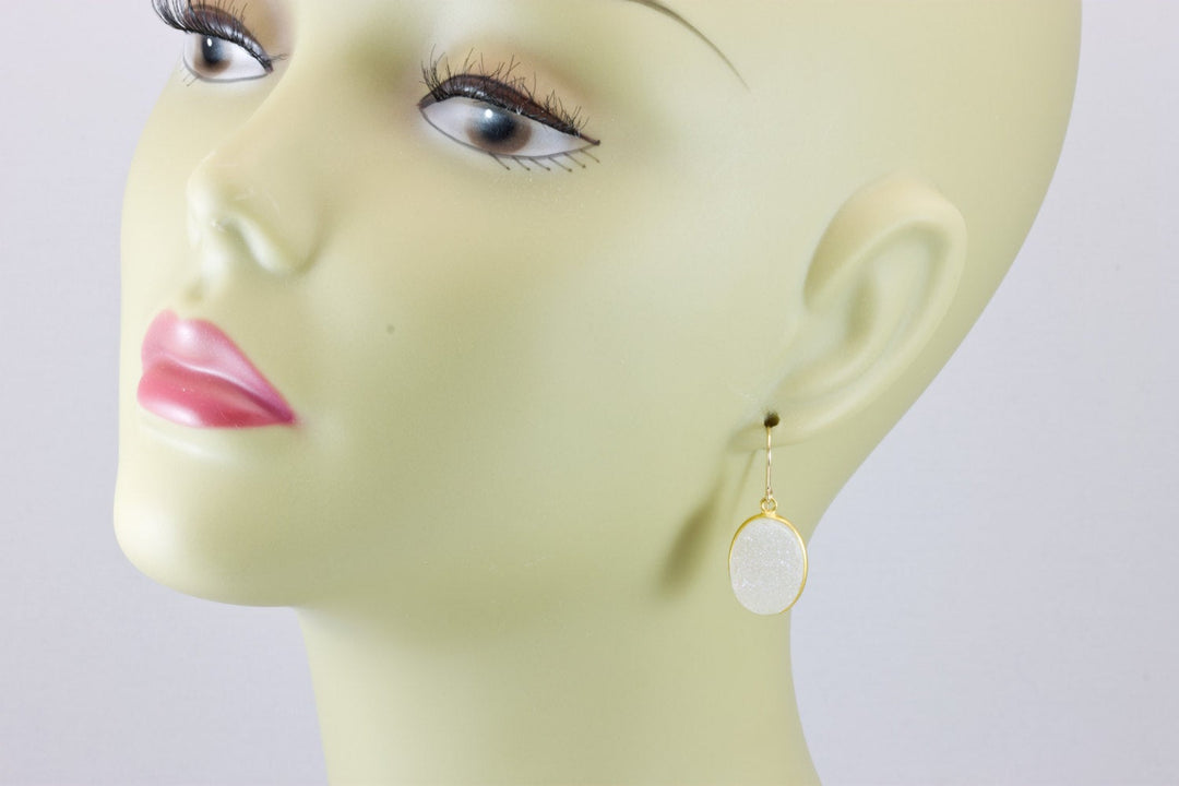 White Drusy Earrings Druzy Teardrop Oval 14k solid gold or filled or sterling silver Large Bezel Simple Drops Fine Drusy Quartz Light