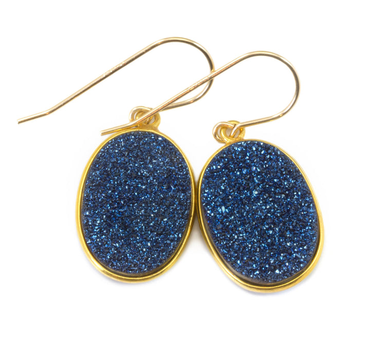 Peacock Blue Drusy Earrings Druzy Large Teardrop Oval 14k solid gold or filled or sterling silver Bezel Set Simple Drops High sparkle drops