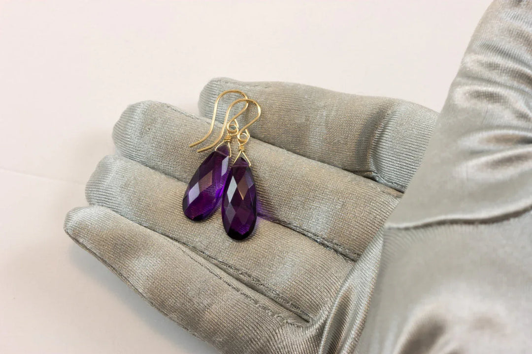 Purple Simulated Amethyst Earrings Faceted Teardrop Long 14k Solid Gold or Filled or Sterling Silver Cut Deep Rich Color Simple Contemporary - Spyglass Designs