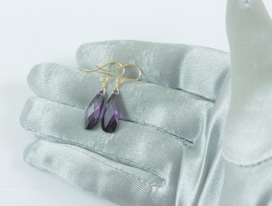 Amethyst Purple Cubic Zirconia Earrings Long Faceted Teardrop Briolette AAA CZ Sterling Silver or 14k Solid Gold or Filled Dainty Simple