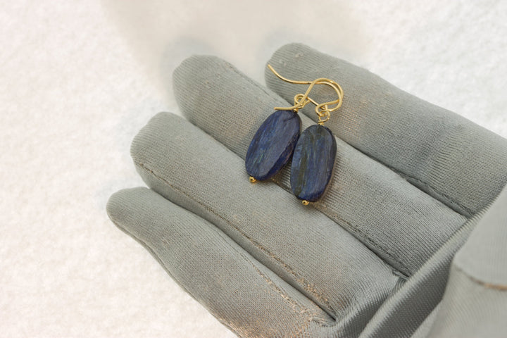 Kyanite Earrings  Rich Blue High Quality Smooth Simple Natural Narrow Oval Drops 14k Solid Gold or Filled or Sterling Silver Dark Blue Denim