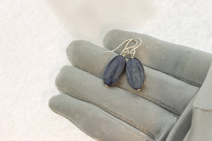 Kyanite Earrings  Rich Blue High Quality Smooth Simple Natural Narrow Oval Drops 14k Solid Gold or Filled or Sterling Silver Dark Blue Denim