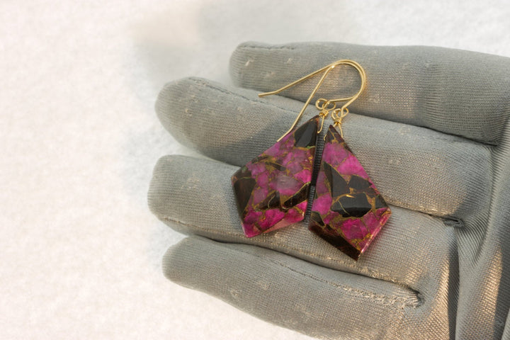 Pink Copper Mosaic Obsidian Earrings Smooth Teardrop  Drops Sterling Silver or 14k Solid Gold or Filled Triangle Point Hot Pink Unique