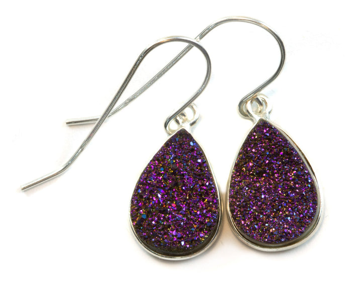 Purple Peacock Druzy Earrings Teardrop Sterling Silver or 14k Solid Gold or Filled French Ear Wires Bezel Simple Drops sparkly drusy quartz