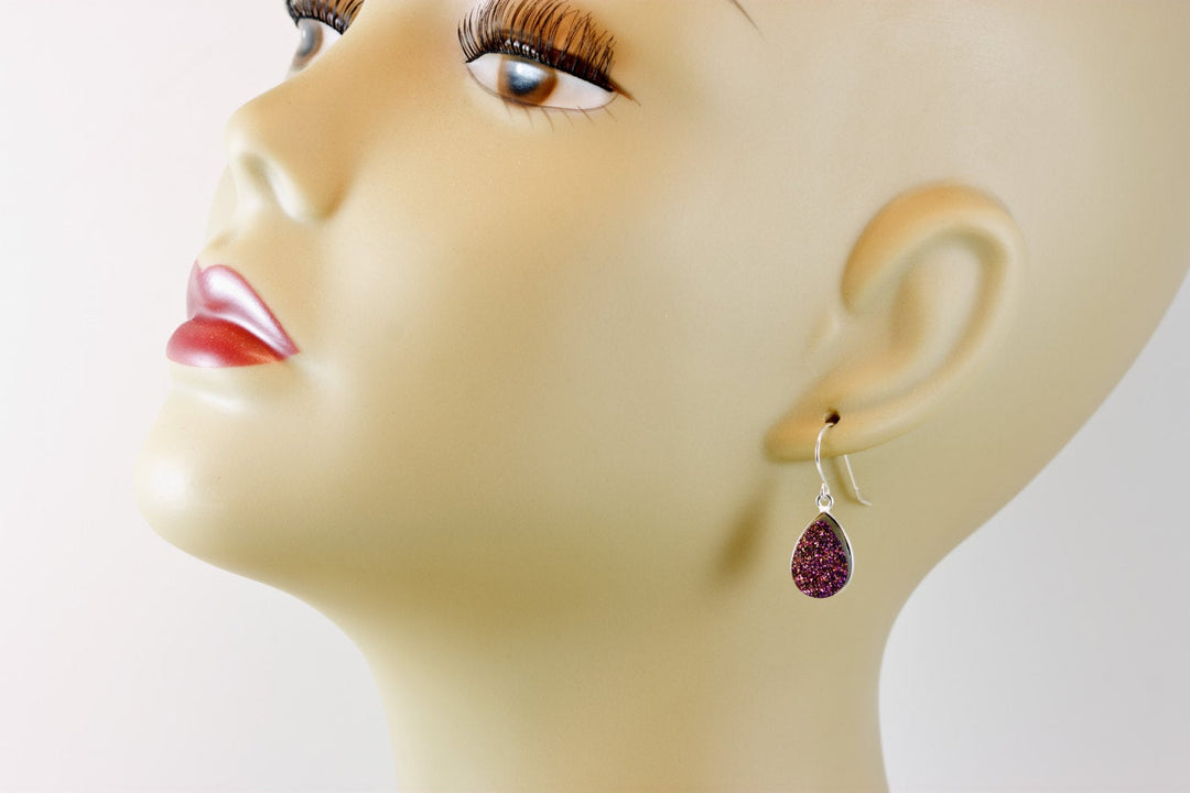 Purple Peacock Druzy Earrings Teardrop Sterling Silver or 14k Solid Gold or Filled French Ear Wires Bezel Simple Drops sparkly drusy quartz