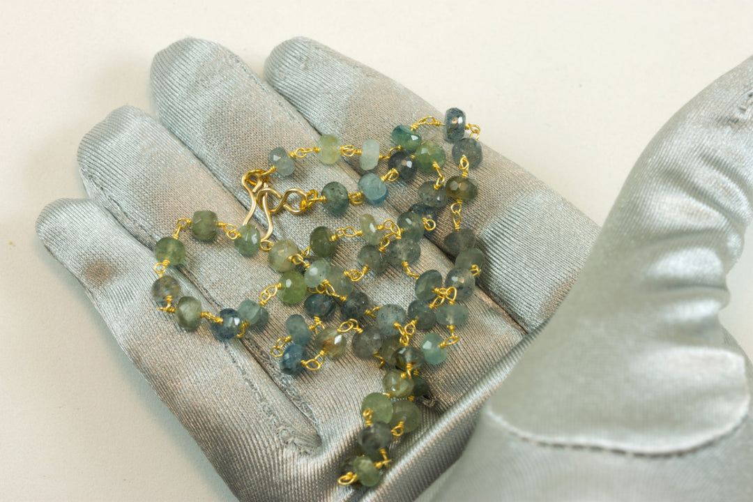 Moss Aquamarine Necklace Chain Link Beaded 14k gold filled Faceted  18 19 Inches Aqua Blue Green Natural Earthy Stones 5mm Beaded