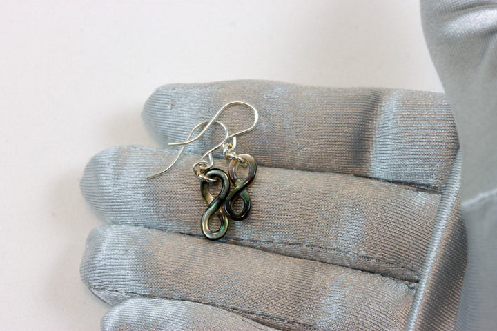 Mother of Pearl Earrings Natural Carved Infinity Drops 14k Gold Filled or Sterling Silver Infinity Symbol Iridescent Simple Lightweight MOP
