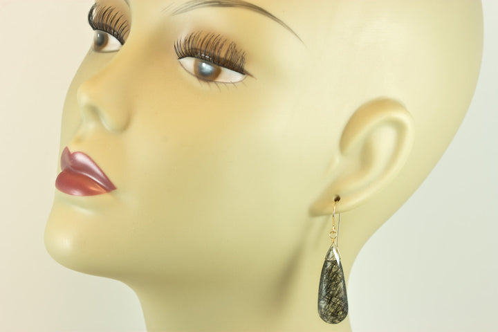 Black Rutile Tourmalated Quartz Earrings 14k Gold Filled Faceted Large Long Rutilated Select Teardrop  2 Inch Rich Select Rutilation