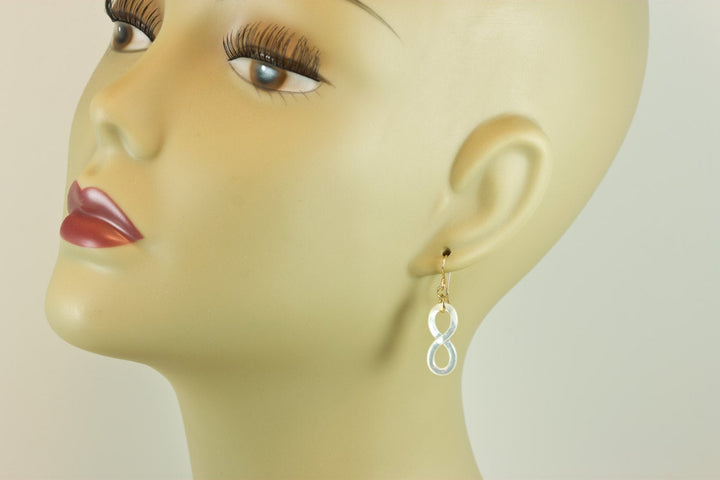 Mother of Pearl Earrings Carved natural Silvery White Infinity Drops Medium Size 14k Gold Filled or Sterling Silver Simple MOP drops
