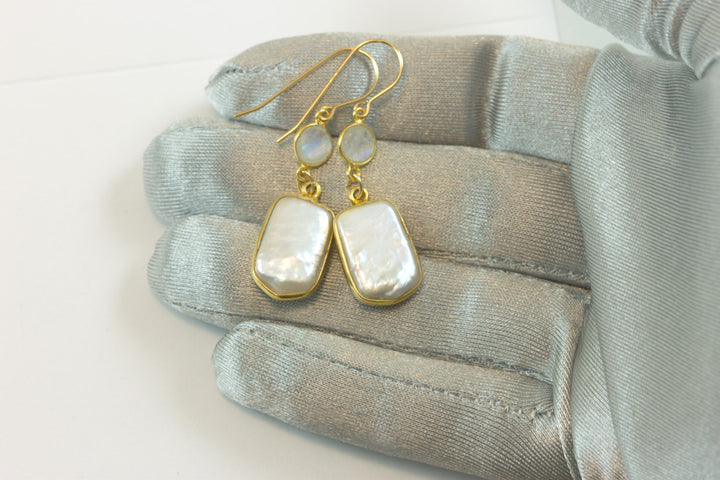 Pearl Earrings 14k solid yellow gold or filled Rectangular Bezel Blue Rainbow moonstone Double Hung Freshwater Pearls Rectangle bezel dainty