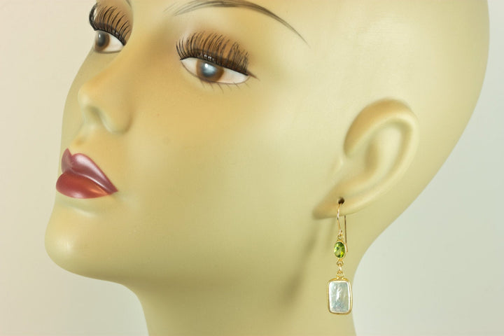 Pearl Earrings 14k  solid gold or filled Rectangular Bezel Green Peridot Double Hung Freshwater Culture Pearls Rectangle Simple  High Luster