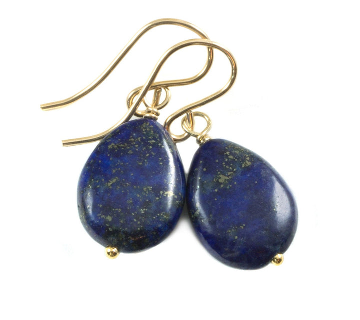 Blue Lapis Lazuli Earrings Natural Dainty Smooth Teardrop Sterling Silver or 14k Solid Gold or Filled Dainty Drops Everyday Wear Pyrite