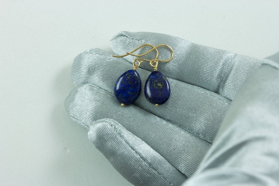 Blue Lapis Lazuli Earrings Natural Dainty Smooth Teardrop Sterling Silver or 14k Solid Gold or Filled Dainty Drops Everyday Wear Pyrite