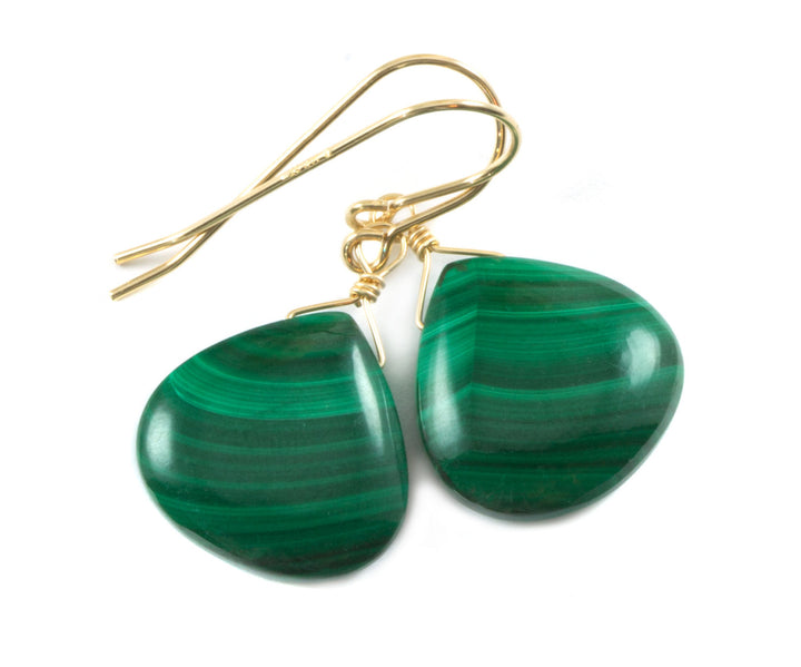Malachite Earrings Green Heart smooth Natural Dangle Drops Sterling Silver or 14k Solid Yellow Gold or Rose or Yellow Filled simple design