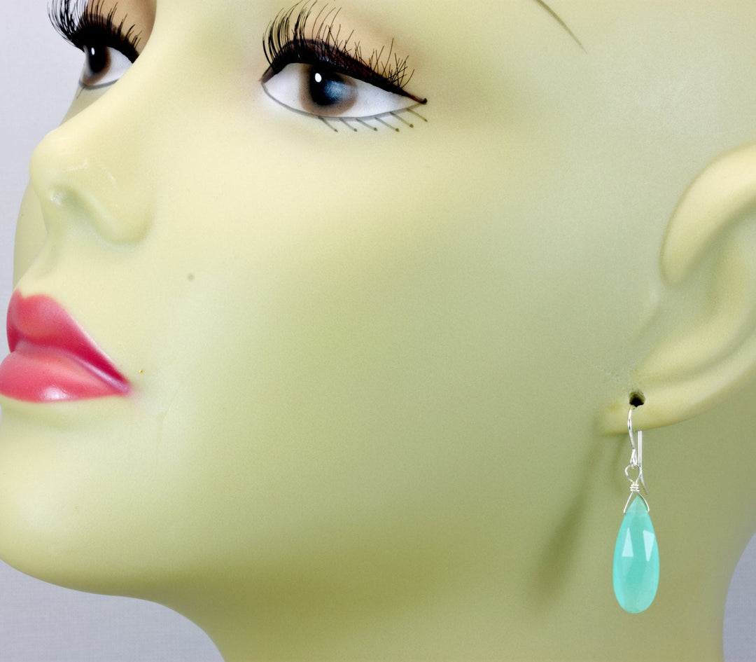 Aqua Blue Chalcedony Earrings 14k Solid Gold or Filled or Sterling Silver Long Teardrops Faceted Briolette Soft Light Blue Drops