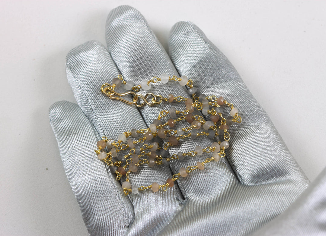 Moonstone Necklace Beaded Peach Gray Grey White  14k Gold Filled Chain Link Faceted  18 19 Inches Simple Dainty Everyday Neutral Design